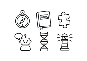 Fototapeta premium hand drawn cute doodle style isolated curiosity pathfinder compass curiosity research journal curiosity puzzle piece curiosity AI chatbot curiosity DNA double heli curiosity discovery beacon