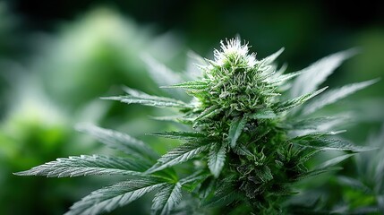 Close-up of Cannabis Flower Blooming with Green Leaves