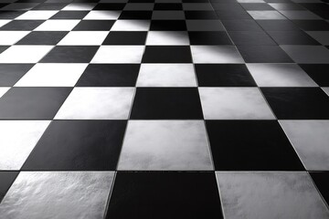 Sleek black and white checkered pattern creates a timeless and elegant floor design, highlighting contrast and symmetry in a modern setting