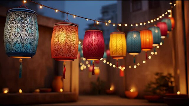 diwali illuminated lanterns hanging in courtyard