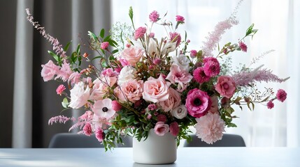 Fototapeta premium Elegant floral centerpiece features roses, astilbe, and accents in shades of pink, perfect for interiors and a sophisticated feel.