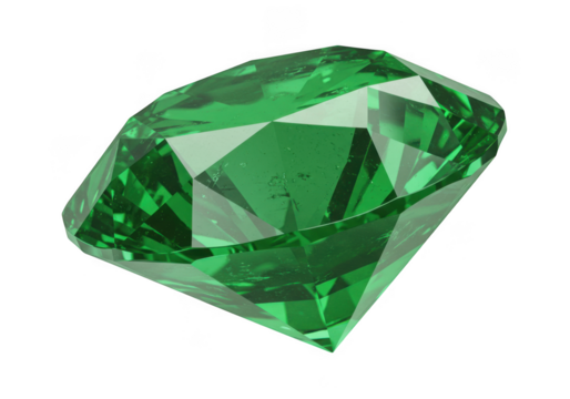A brilliant cut emerald gemstone with sharp facets isolated on transparent background