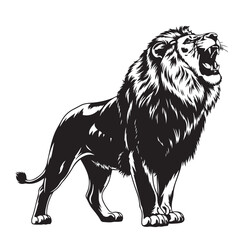 Lion roaring loudly in black and white, a powerful illustration