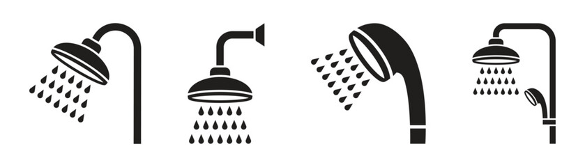 Collection of bathroom shower icons with running water. Bathroom service sign. Vector illustration