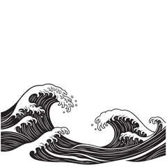 Japanese Waves Vector Illustration, Black and White Design Element
