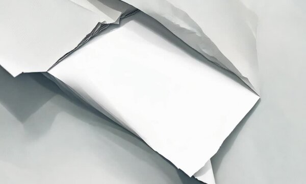 A close up view of a stack of white papers with a metallic edge on top left corner