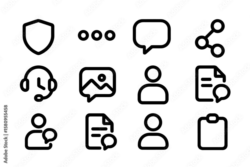 Poster minimal black icon set with communication and document symbols on dark background