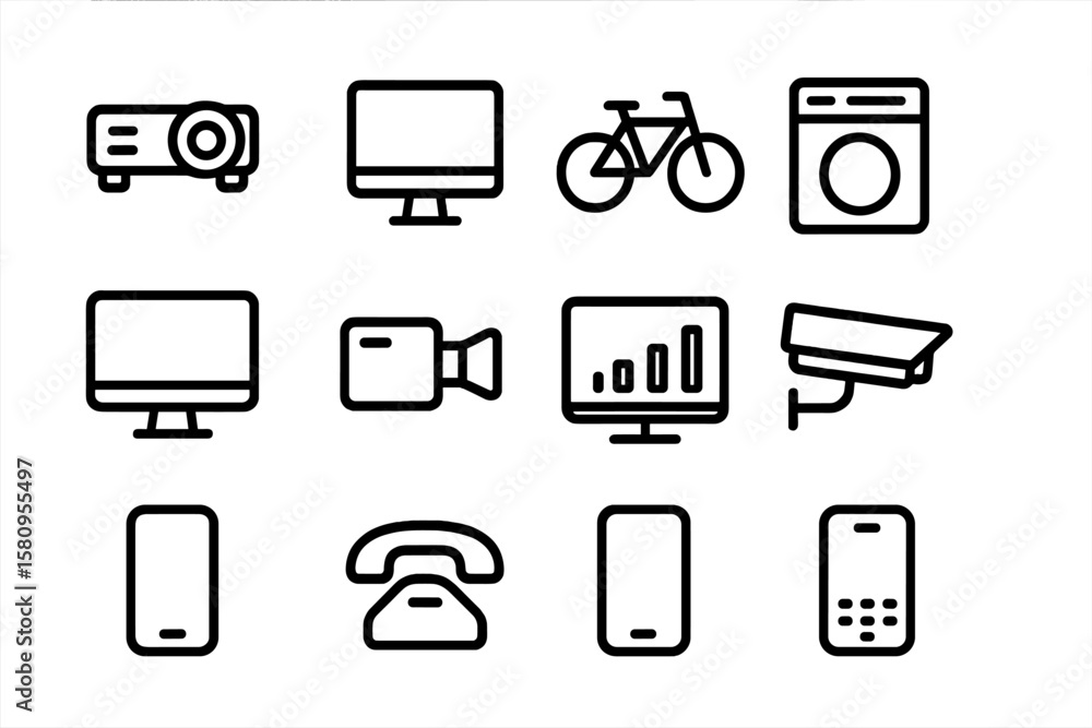 Poster minimalist technology and appliance icons set for modern interfaces