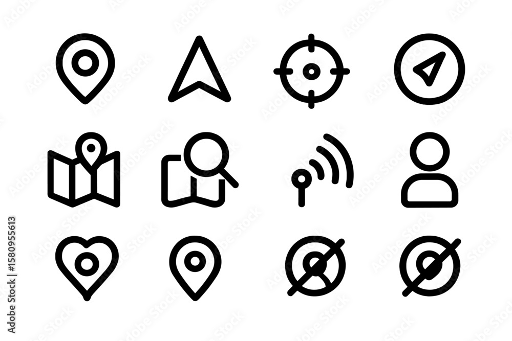 Poster dark mode navigation icon set: minimalistic outline symbols for maps and gps