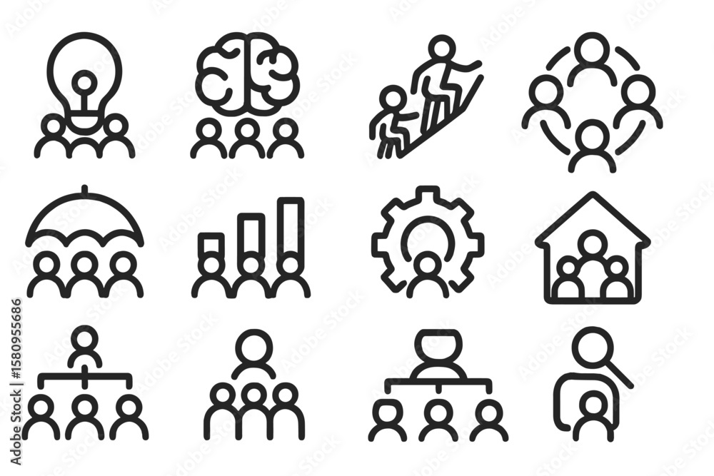 Poster business and teamwork icons set with brainstorming and collaboration concepts