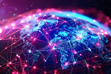 Obraz premium A vibrant global network connecting continents with digital lines and glowing points, representing modern technology.