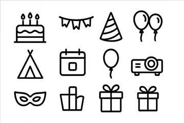 Celebration icons set: cake, balloons, and gifts in linear style on dark background