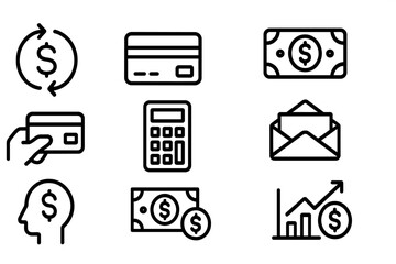 Minimalist finance icon set featuring money, credit card, and growth symbols