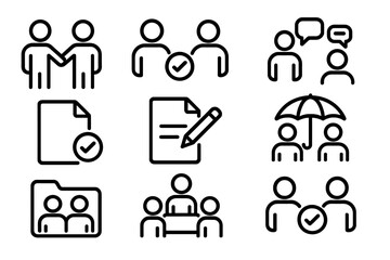 Linear icons of teamwork, agreement, and communication concepts