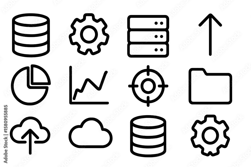 Poster outline icons of data and cloud storage in modern style