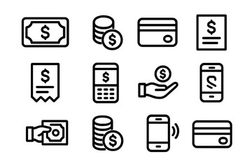 Black financial icons set: money, banks, and digital payment symbols
