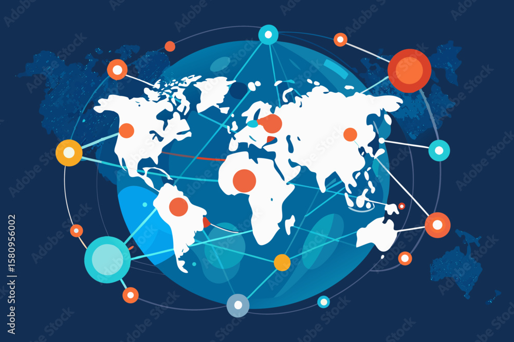 Poster global network connection with world map and colorful nodes on dark blue background