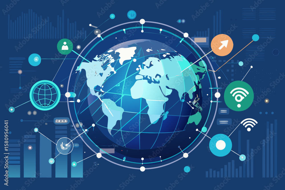 Poster global network connection with data visualization and communication technology illustration