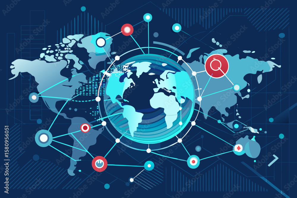 Poster global network connection with world map and data visualization in blue tones