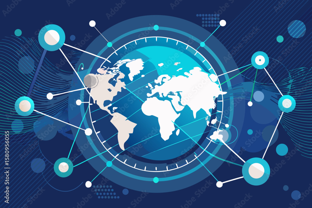 Poster global network connection with world map and data points on blue background