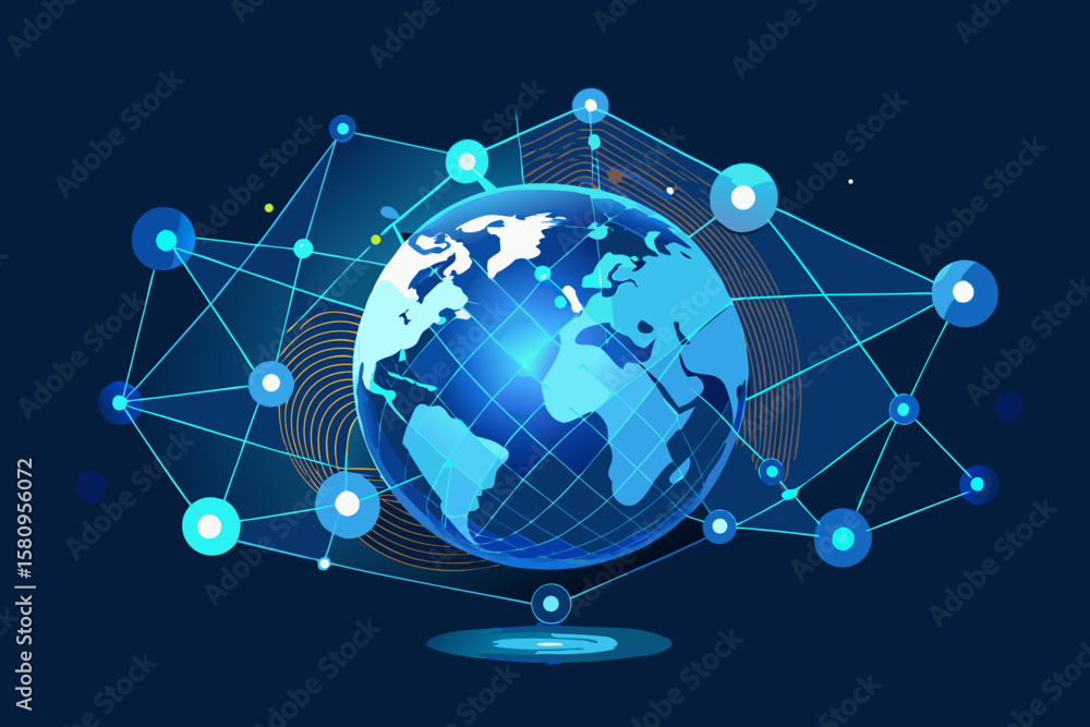 Poster global network connection a blue globe with interconnected nodes and lines