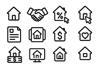 Fototapeta premium Real estate icons: simple linear symbols for home and property concepts