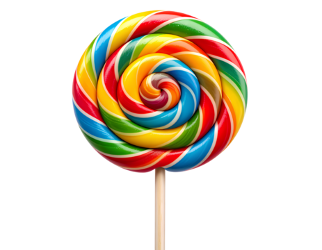 3D Rendered Spiral Candy Lollipop with Shiny Surface and Realistic Shadows, Transparent Background PNG