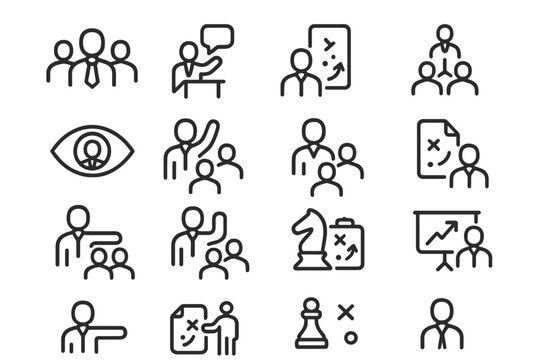 Business strategy icons set featuring linear illustrations of teamwork and planning