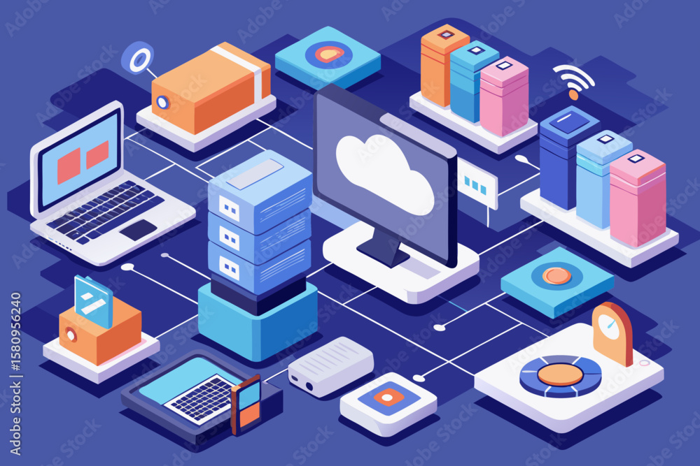 Aufkleber isometric illustration of cloud computing network with servers laptops and data storage