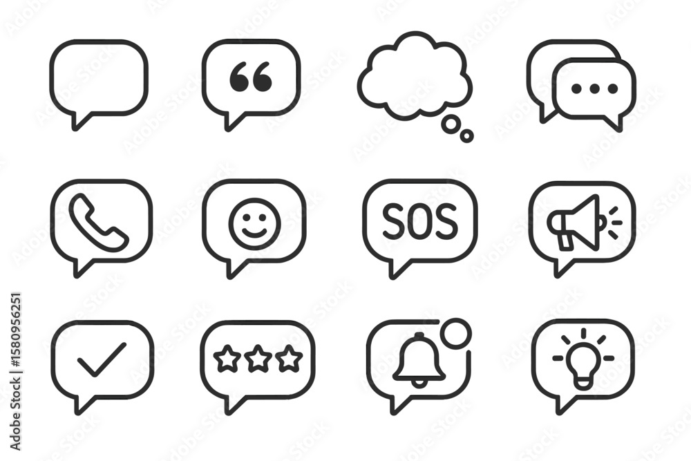 Poster linear chat and communication icons set on dark background for digital interfaces