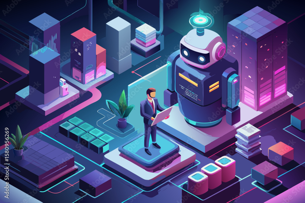 Poster isometric view of man with robot in a futuristic cityscape