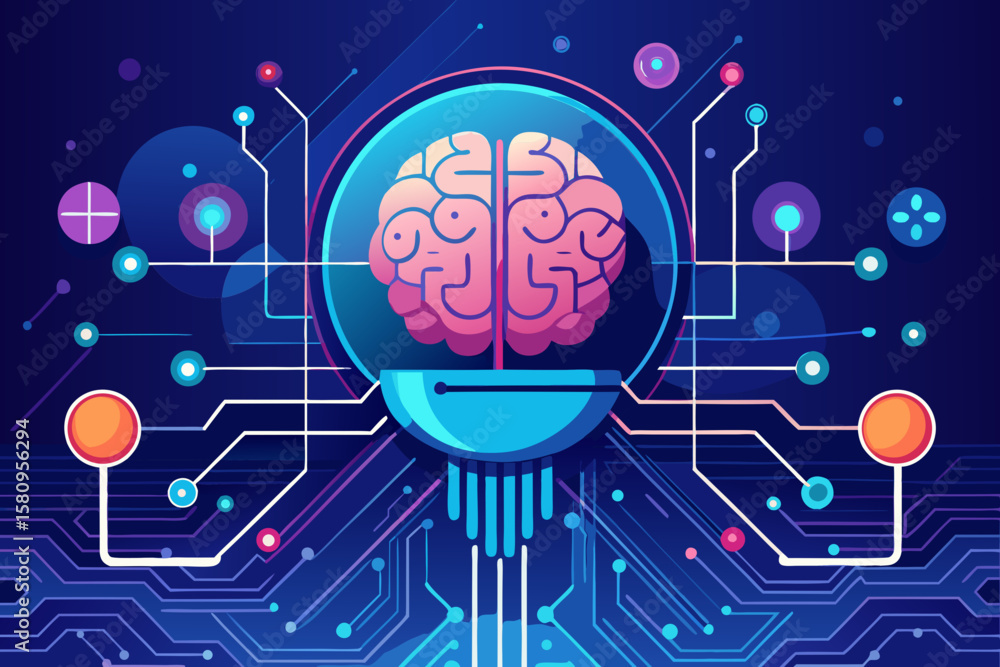 Poster artificial intelligence brain with circuit board connections in a modern abstract design