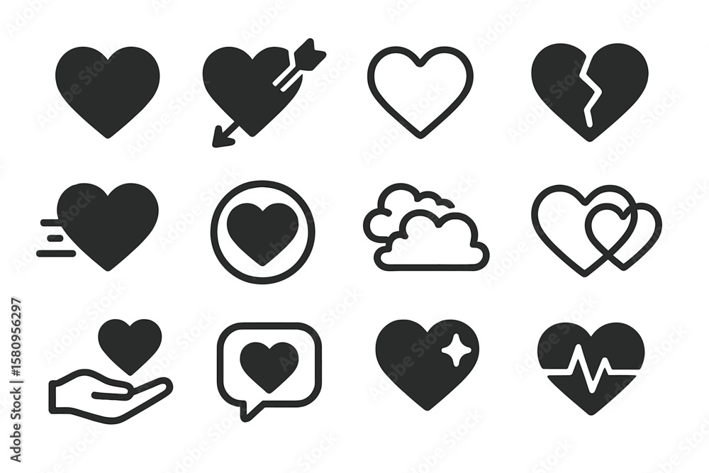 Poster minimalistic heart icons set on gradient background for design projects