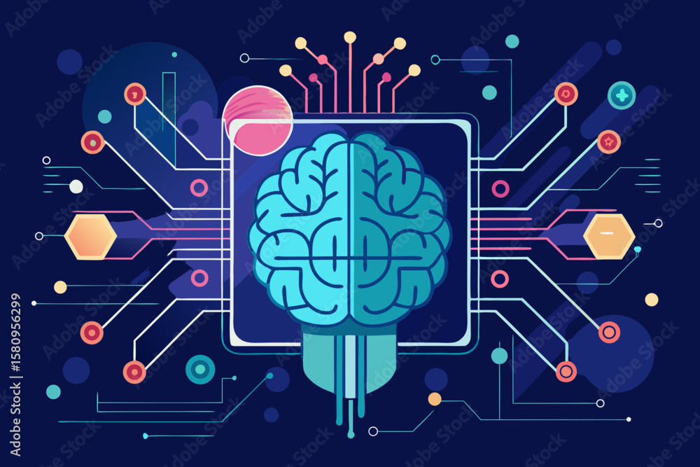 Poster artificial intelligence brain with circuit board connections and geometric shapes on dark background