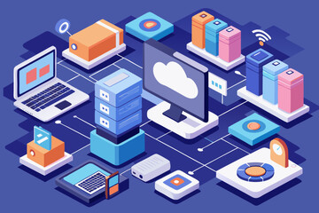 Obraz premium Isometric Illustration of Cloud Computing Network with Servers Laptops and Data Storage