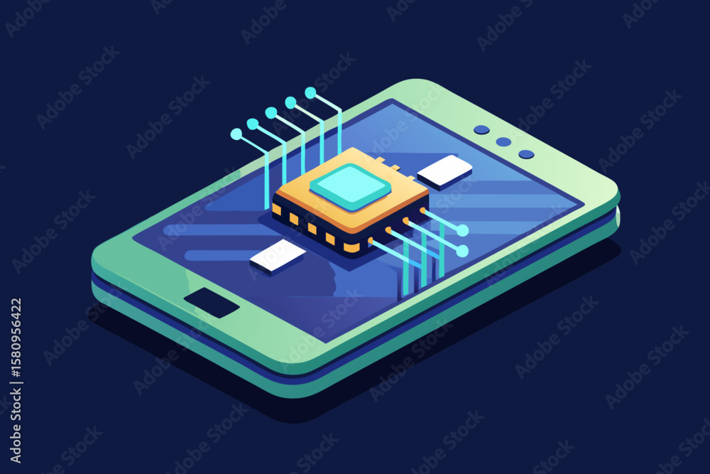 Poster isometric smartphone with glowing circuitry and a central processing unit