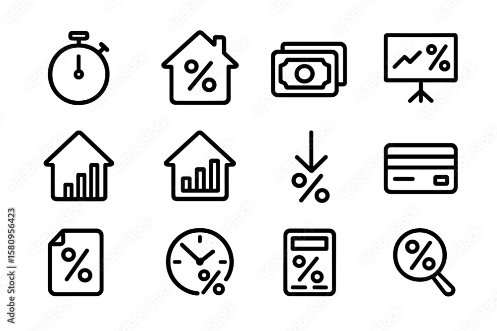 Poster finance and investment icons set: linear style with charts and currency symbols