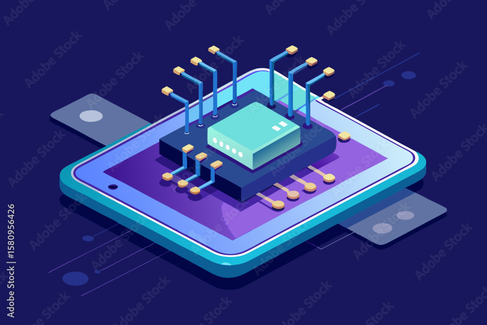 Poster isometric illustration of a tablet with a central processing unit and connections
