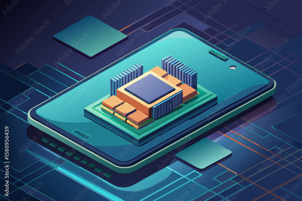 Poster isometric smartphone with central processing unit on a futuristic circuit board background