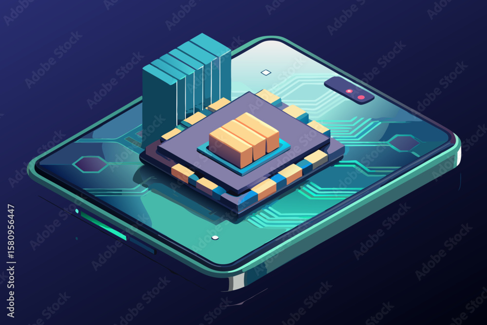 Aufkleber isometric smartphone with processor and data blocks on a dark background
