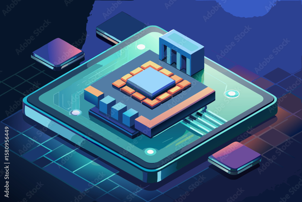 Poster isometric illustration of a modern computer processor with circuitry and components
