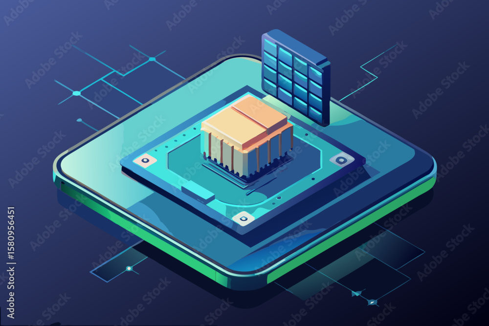 Poster isometric illustration of a computer processor with a firewall on a circuit board