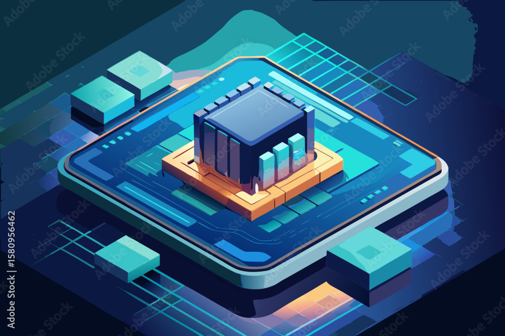 Poster isometric illustration of a central processing unit with grid and block elements