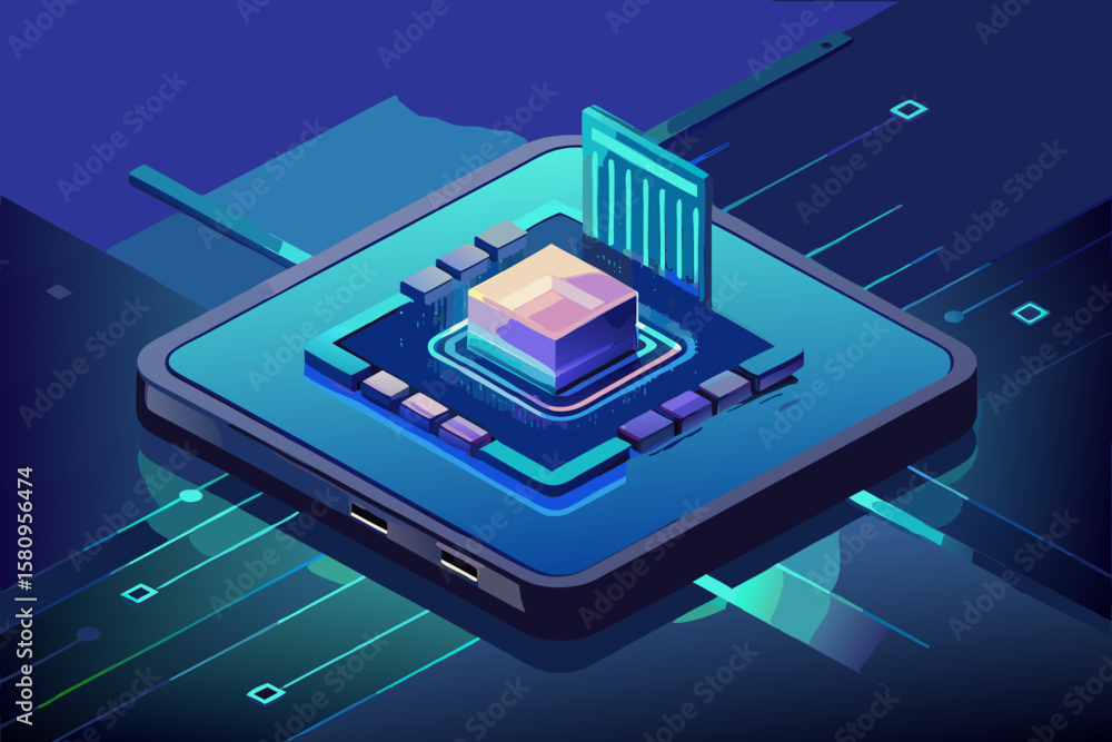 Poster isometric illustration of a central processing unit with circuit board elements