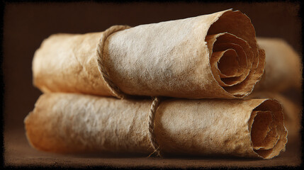 Ancient scrolls tied with twine, symbolizing the passage of knowledge and tradition, displayed on a rustic wooden surface.