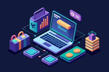 Obraz premium Isometric Illustration of a Laptop with Cryptocurrency Data and Financial Elements