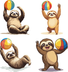 Playful Sloth Playing with Beach Ball vector style on white background