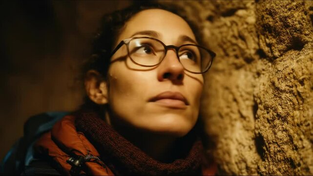 Woman explorer looks up in a cavern or ancient structure interior