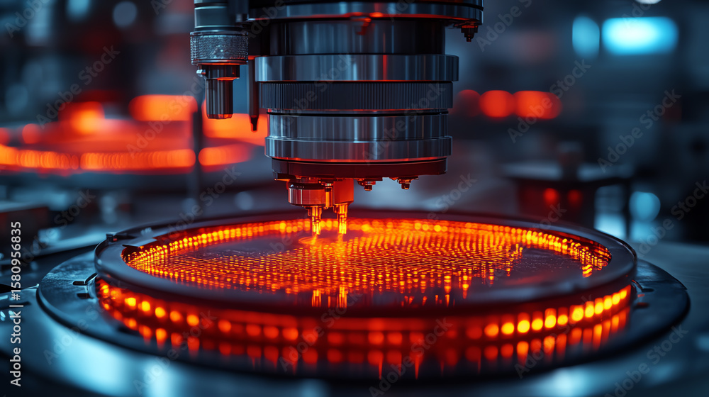 Poster close-up of a high-tech manufacturing machine working with a glowing orange circuit board in an adva