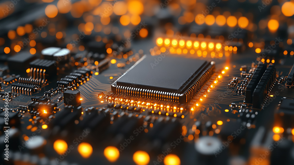 Poster close-up of a microchip on a circuit board, showcasing illuminated connections and intricate details
